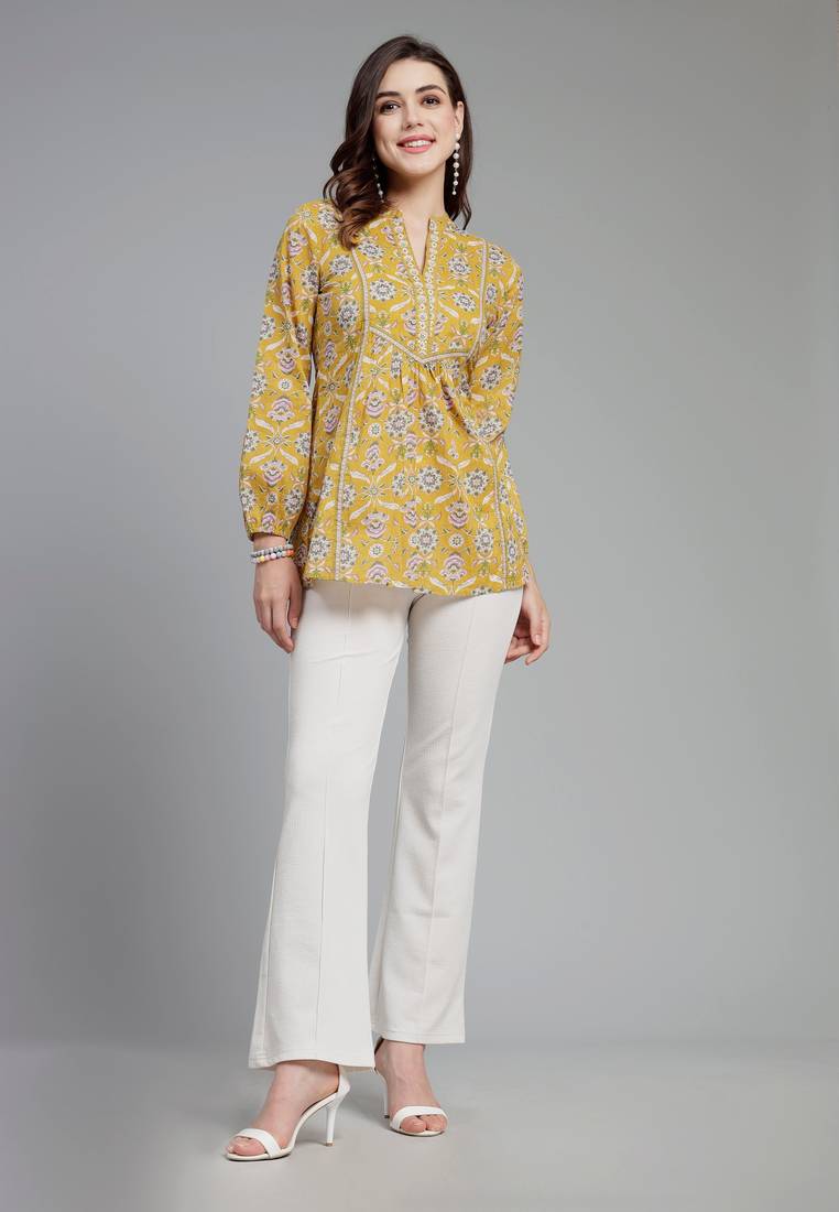 Yellow floral printed a-line top