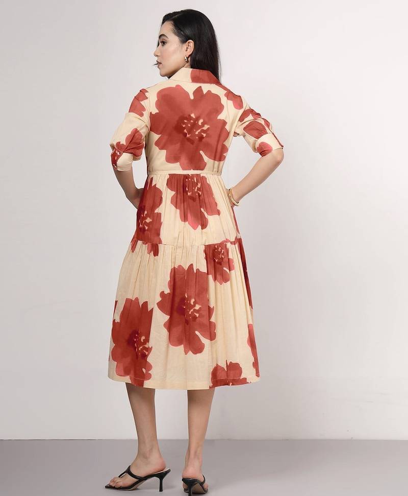 Beige fit and flare midi dress