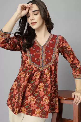 Maroon floral printed v neck pure cotton gathered top with three quarter sleeves