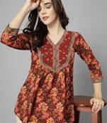 Maroon floral printed v neck pure cotton gathered top with three quarter sleeves