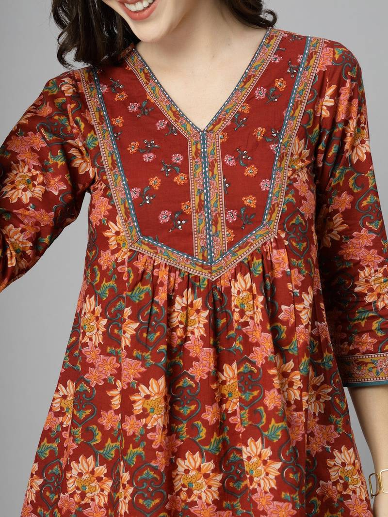 Maroon floral printed v neck pure cotton gathered top with three quarter sleeves