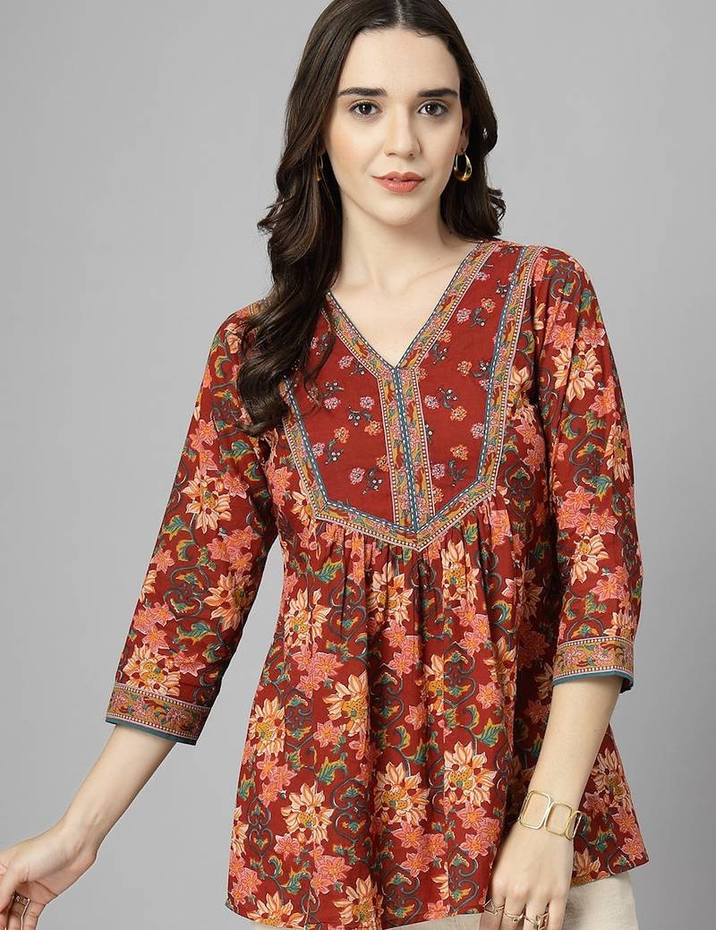 Maroon floral printed v neck pure cotton gathered top with three quarter sleeves