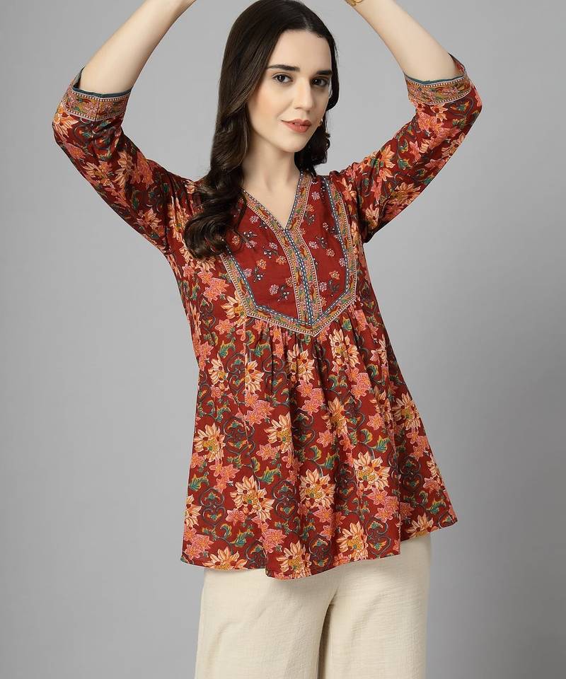 Maroon floral printed v neck pure cotton gathered top with three quarter sleeves