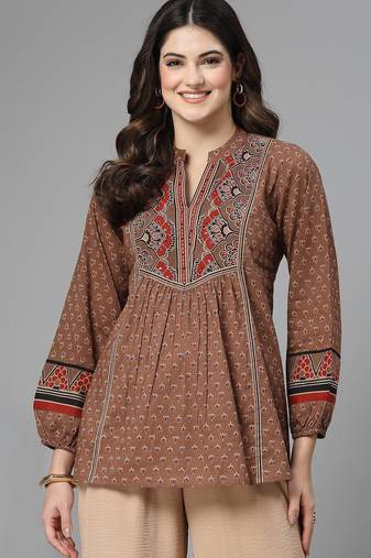 Rust brown printed top with mandarin collar, long sleeves & sequinned yoke