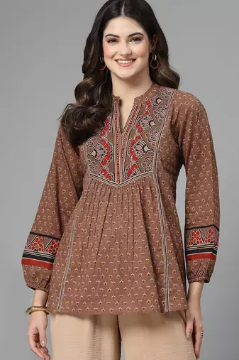 Rust brown printed top with mandarin collar, long sleeves & sequinned yoke