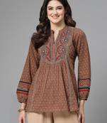 Rust brown printed top with mandarin collar, long sleeves & sequinned yoke