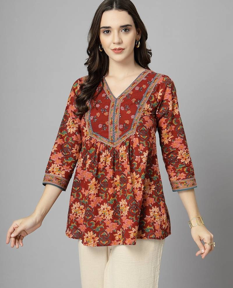 Maroon floral printed v neck pure cotton gathered top with three quarter sleeves