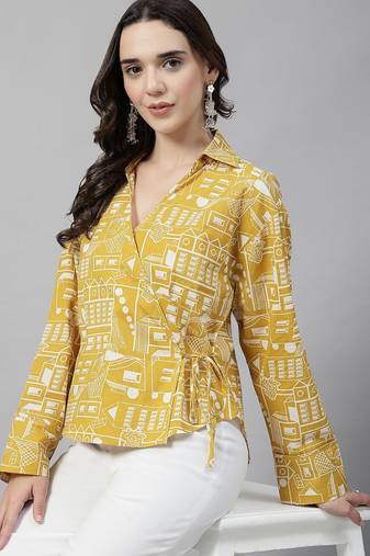 Yellow tie-up printed cotton top