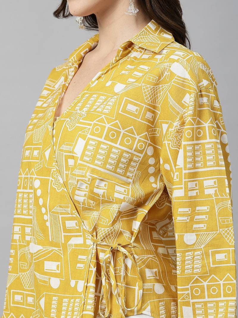 Yellow tie-up printed cotton top