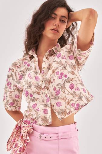 Beige casual crop shirt with spread collar & button placket