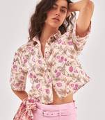 Beige casual crop shirt with spread collar & button placket