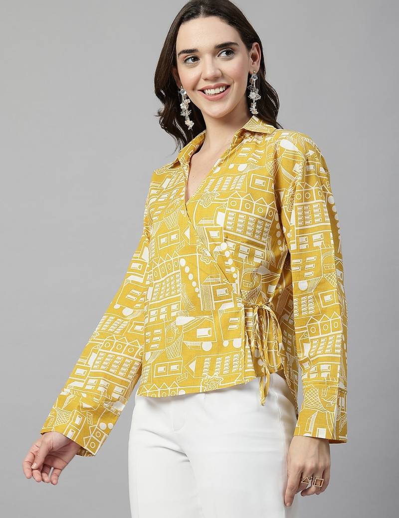 Yellow tie-up printed cotton top