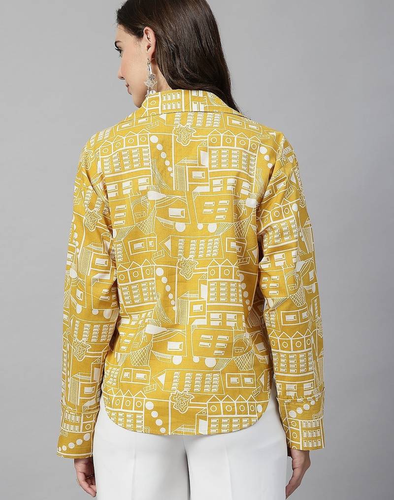 Yellow tie-up printed cotton top