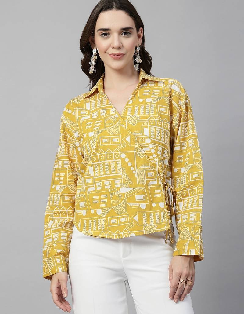 Yellow tie-up printed cotton top
