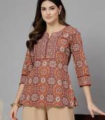 Rust printed straight cotton top with regular sleeves & side slit