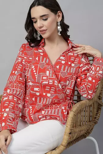 Tie up cherry red printed top