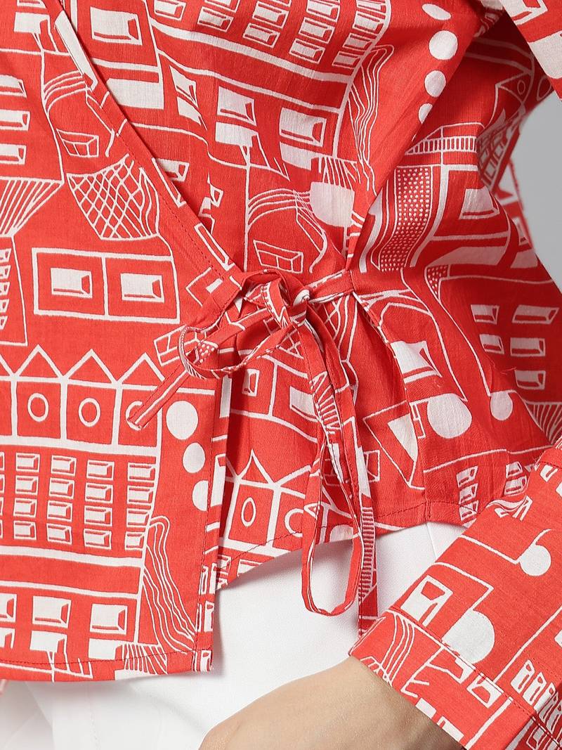 Tie up cherry red printed top