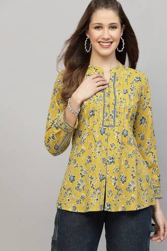 Yellow floral printed shirt style top
