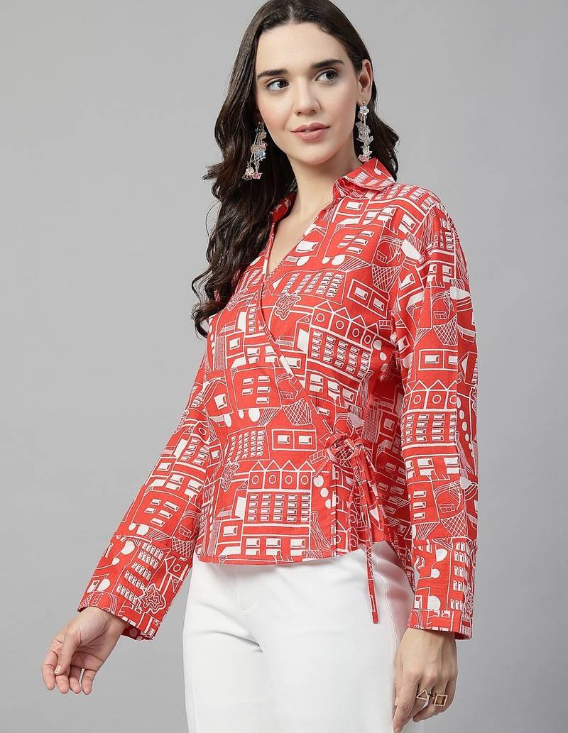 Tie up cherry red printed top