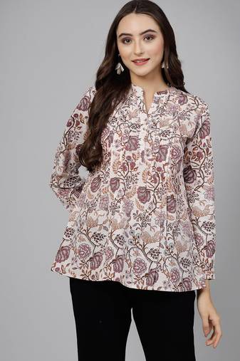 Offwhite floral printed shirt style top with pintucks & button closure