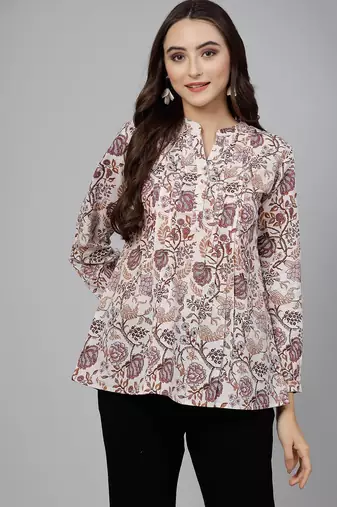 Offwhite floral printed shirt style top with pintucks & button closure