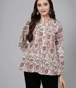 Offwhite floral printed shirt style top with pintucks & button closure