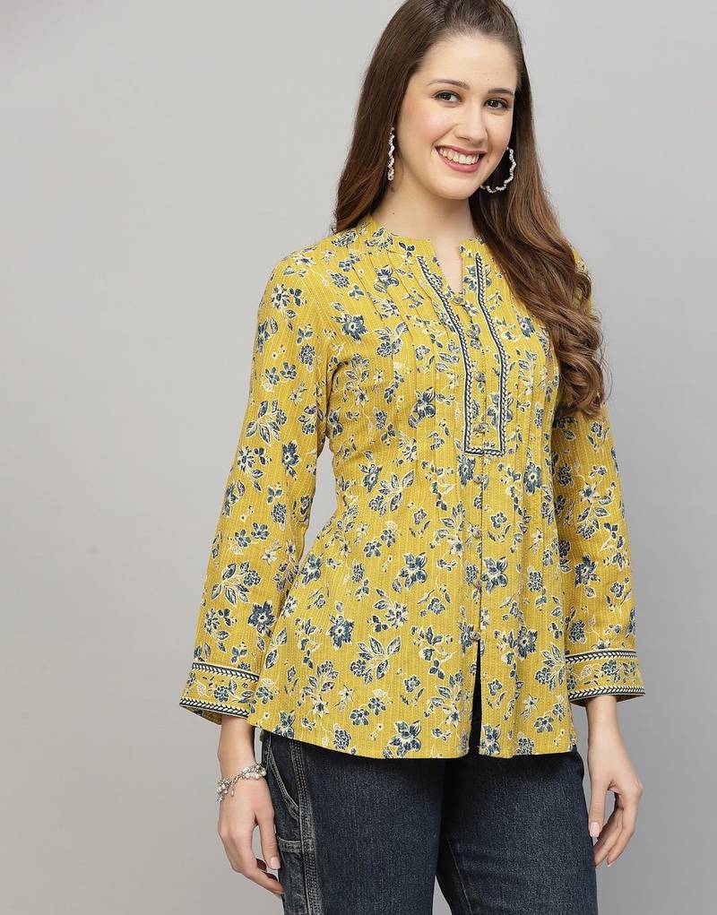 Yellow floral printed shirt style top