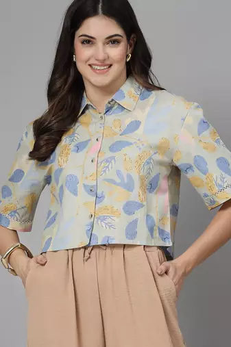Pistachio printed cotton crop top with spread collar, button closure & lace inserts