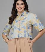 Pistachio printed cotton crop top with spread collar, button closure & lace inserts