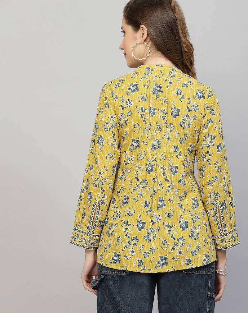 Yellow floral printed shirt style top