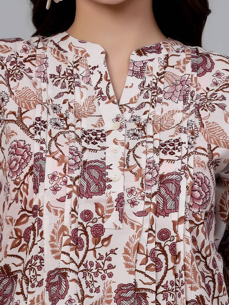 Offwhite floral printed shirt style top with pintucks & button closure