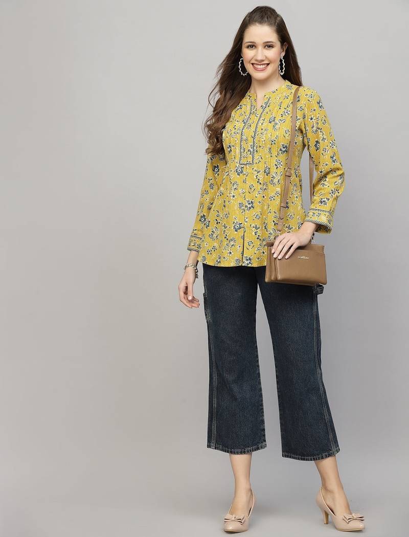 Yellow floral printed shirt style top