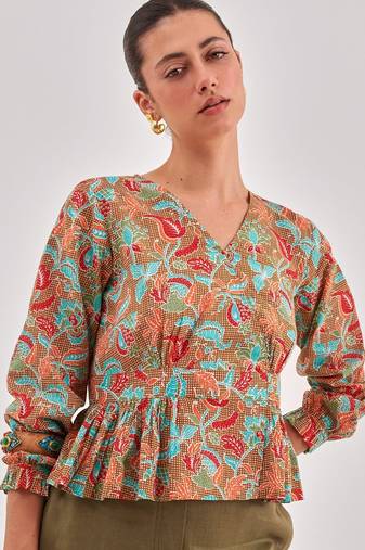 Khaki floral printed cinched waist top with v neck, long sleeves with ruffles