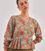 Khaki floral printed cinched waist top with v neck, long sleeves with ruffles
