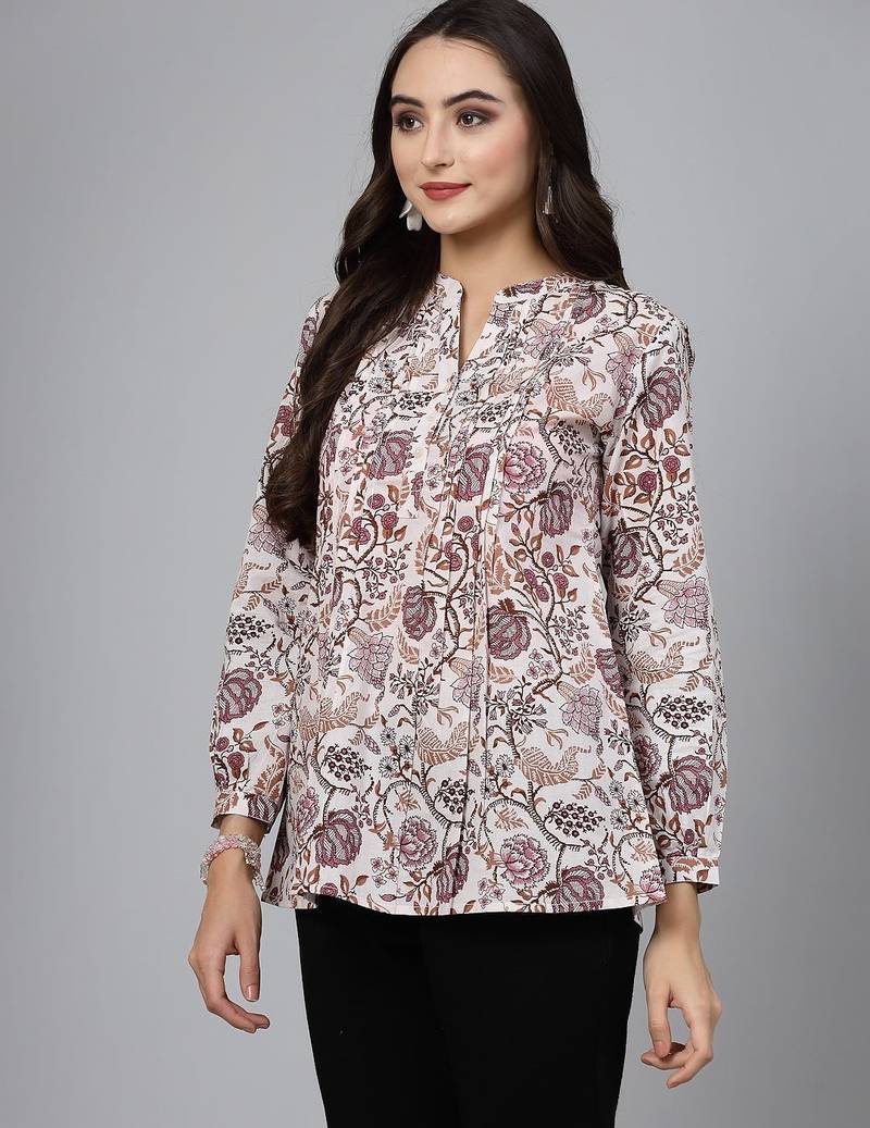 Offwhite floral printed shirt style top with pintucks & button closure
