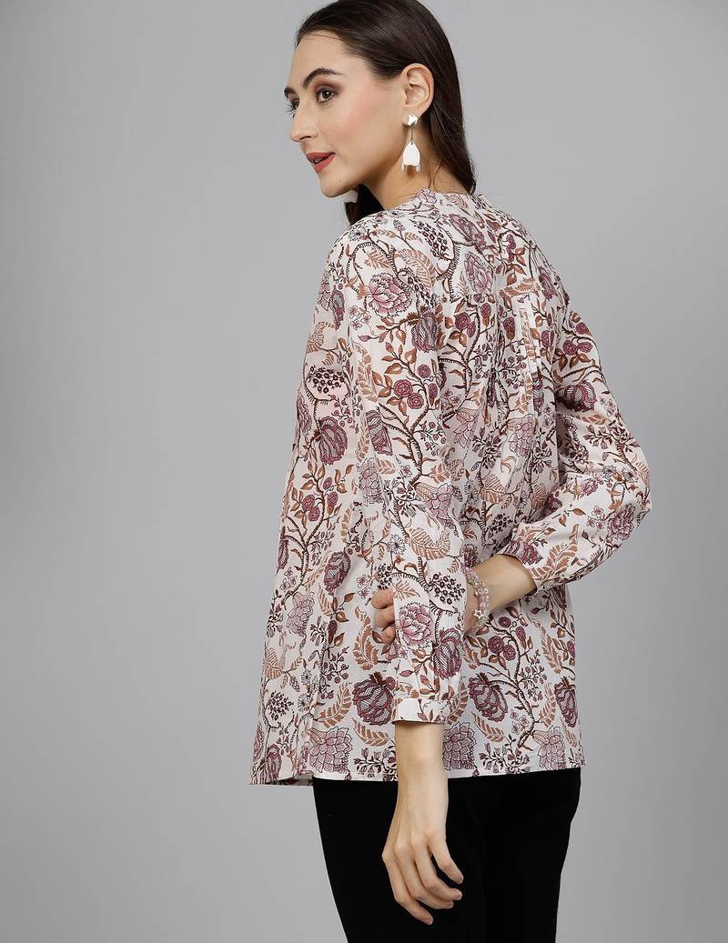 Offwhite floral printed shirt style top with pintucks & button closure