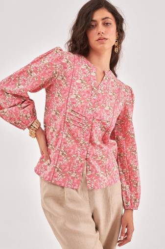Pink floral printed long sleeve top with lace inserts and button placket