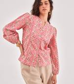Pink floral printed long sleeve top with lace inserts and button placket