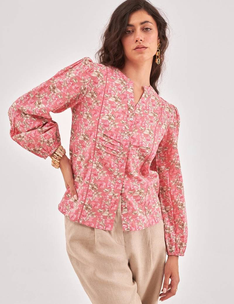 Pink floral printed long sleeve top with lace inserts and button placket