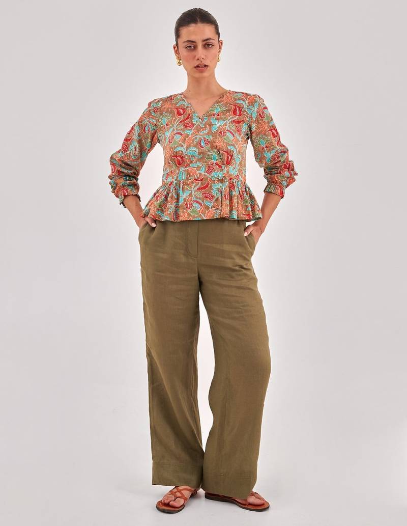 Khaki floral printed cinched waist top with v neck, long sleeves with ruffles
