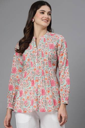 Pink & turquoise printed top with mandarin collar, button placket & pintucks