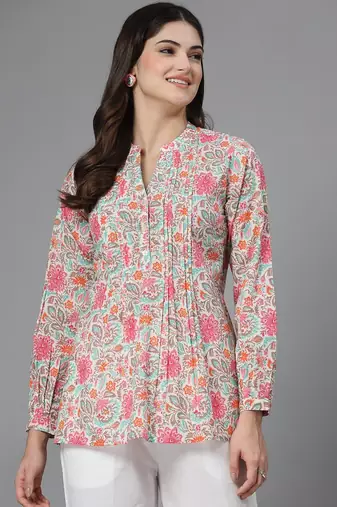 Pink & turquoise printed top with mandarin collar, button placket & pintucks