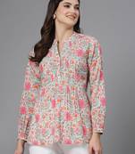 Pink & turquoise printed top with mandarin collar, button placket & pintucks