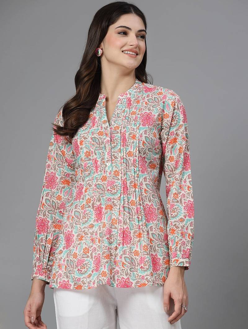 Pink & turquoise printed top with mandarin collar, button placket & pintucks