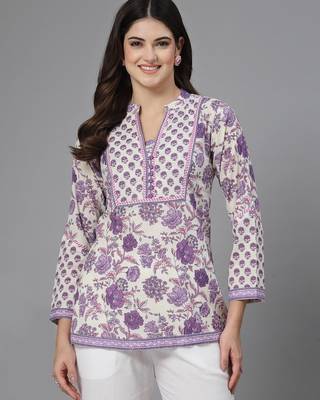Lavender floral printed straight top with mandarin collar & yoke 1