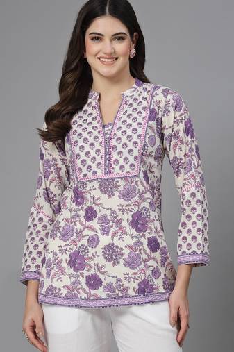 Lavender floral printed straight top with mandarin collar & yoke