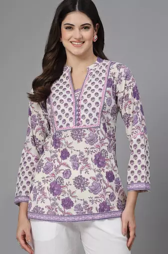 Lavender floral printed straight top with mandarin collar & yoke