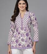 Lavender floral printed straight top with mandarin collar & yoke