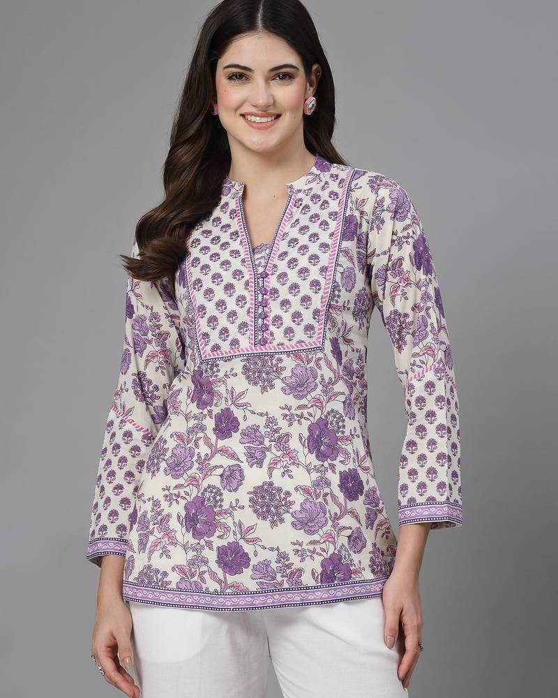 Lavender floral printed straight top with mandarin collar & yoke