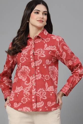 Red floral printed shirt with spread collar & button placket